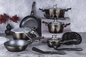 Set oale si tigai marmorate cu capace, antiaderente, 18 piese Shiny Black Berlinger Haus BH 6614, functioneaza si pe inductie