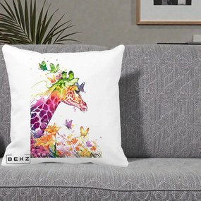 Perna Decorativa Girafa Curcubeu Acuarela, 40x40 cm, Alba Mata, Husa Detasabila, Perna Inclusa, BEKZ®