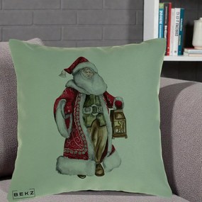 Perna Decorativa Mos Craciun Vintage cu Felinar, 40x40 cm, Verde, Husa Detasabila, Perna Inclusa, BEKZ®