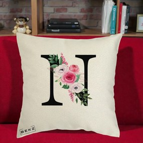 Cadou Personalizat - Perna Personalizata Monograma Florala Litera N, 40x40 cm, Ecru, Husa Detasabila, Perna Inclusa, BEKZ®