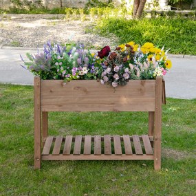 Outsunny Jardinieră Supraînălțată din Lemn | Grădinărit cu Raft Pliabil și Spațiu de Depozitare | 123x54x74 cm Maro | Aosom Romania