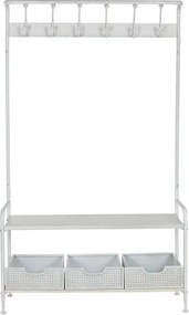 Cuier vintage de hol din metal, finisaj alb antichizat, 110×36×186 cm, „Merej"