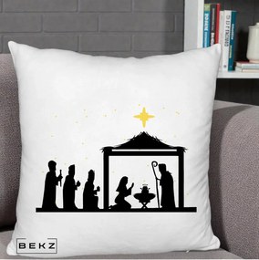 Perna Decorativa Nasterea Pruncului Silueta Neagra si Stea Aurie, 40x40 cm, Alb Pufos, Husa Detasabila, Perna Inclusa, BEKZ®