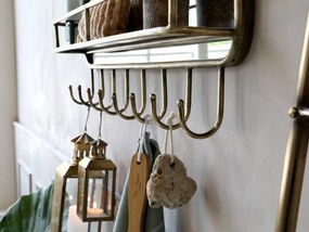 Oglindă cu raft și 8 agățători, din metal și sticlă, finisaj alamă antichizată, H 44.5 cm
