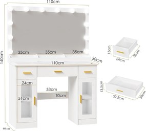Masuta machiaj cu Oglinda LED si 3 Sertare pentru Cosmetice, Set Masa toaleta 110 cm, Alb, masuta cosmetica, vanity - SEA2