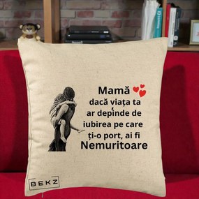Cadou pentru Mama - Perna Personalizata Mama Nemuritoare Gravura Vintage, 40x40 cm, Bej, Husa Detasabila, Perna Inclusa, BEKZ®
