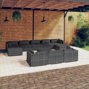 Set mobilier de gradina cu perne, 11 piese, gri, poliratan gri si antracit, 4x colt + 4x mijloc + 2x suport pentru picioare + masa, 1