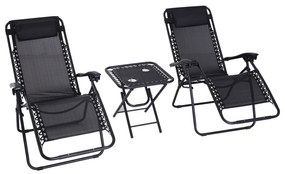 Outsunny Set Mobilier de Gradina 2 Scaune Rabatabil si Masuta Reglabila Pliabila,Tesatura de Textilen, Negru