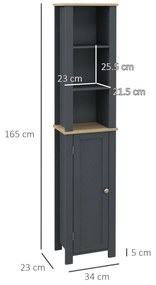 kleankin Dulap de Depozitare pentru Baie, Organizator de Baie cu Dulap, Ușă și 3 Rafturi, 34x23x165 cm Gri | Aosom Romania