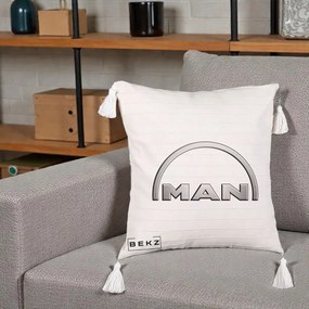 Perna Personalizata cu emblema MAN, 40x40 cm, Bej cu Franjuri, Husa Detasabila, Perna Inclusa, BEKZ®
