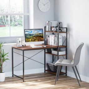 HOMCOM Birou de colț cu depozitare design industrial cu bibliotecă 3 rafturi panouri particulate aspect nuc metal negru | Aosom Romania