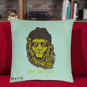 Perna Decorativa Leu Hipster Be Brave, 40x40 cm, Verde Menta, Husa Detasabila, Perna Inclusa, BEKZ®