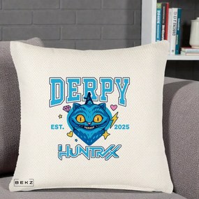 Perna Personalizata K-pop HUNTRX Derpy Pisica Albastra, 40x40 cm, Crem Reliefat, Husa Detasabila, Perna Inclusa, BEKZ®