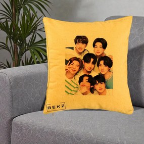 Perna Personalizata K-pop BTS Bangtan Boys Portret Grup Fanart, 40x40 cm, Galben, Husa Detasabila, Perna Inclusa, BEKZ®