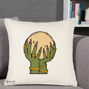 Perna Decorativa Halloween Maini Vrajitoare cu Glob de Cristal, 40x40 cm, Crem Reliefat, Husa Detasabila, Perna Inclusa, BEKZ®