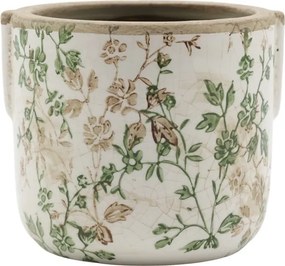 Ghiveci decorativ alb din ceramică antichizată, pictat manual, cu decor floral-vegetal, 13,5x15,5 cm, „Grasse"