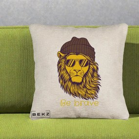 Perna Decorativa Leu Hipster Be Brave, 40x40 cm, Bej Canapea, Husa Detasabila, Perna Inclusa, BEKZ®