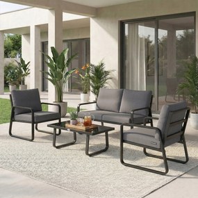 Outsunny Set mobilier de grădină 4 piese cu perne detașabile foarte groase 10 cm masă de cafea din sticlă securizată Negru | Aosom Romania
