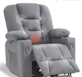 Fotoliu Electric Power Lift&Recliner, ridicare și rabatare, masaj și incalzire, porturi USB, suporturi pentru pahare, buzunare laterale, telecomenzi, PU, Gri