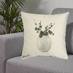 Perna Decorativa Vaza cu Eucalipt Watercolor, 40x40 cm, Ecru, Husa Detasabila, Perna Inclusa, BEKZ®