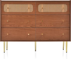 Comodă vintage cu 6 sertare și detalii din ratan, mânere din metal pentru dormitor și living, 120x40x90 cm, Culoare naturală