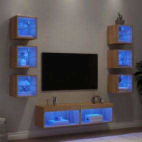 Unitati de perete TV cu LED-uri, 8 piese, stejar sonoma, lemn