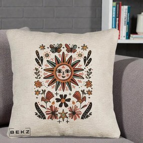 Perna Decorativa Soare Boho Folk Fluturi, 40x40 cm, Bej Canapea, Husa Detasabila, Perna Inclusa, BEKZ®