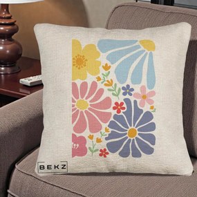 Perna Decorativa Flori Grafice Pastel Multicolor, 40x40 cm, Bej Canapea, Husa Detasabila, Perna Inclusa, BEKZ®