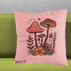 Perna Decorativa Ciuperci Boho Multicolore, 40x40 cm, Roz, Husa Detasabila, Perna Inclusa, BEKZ®