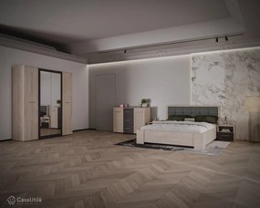 Dormitor Barry, Dulap 4 Usi, Pat tapitat 160x200, 2 Noptiere, Comoda 2 Usi 3 Sertare