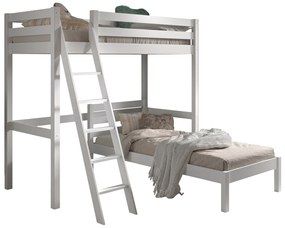Set PINO în alb format dintr-un Pat copii mezanin (90 x 200 cm) cu un Pat copii de o persoană și somieră rulabilă asortată.