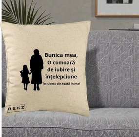 Cadou pentru Bunica - Perna Personalizata Bunica Mea Comoara Iubire Intelepciune Silueta, 40x40 cm, Bej, Husa Detasabila, Perna Inclusa, BEKZ®