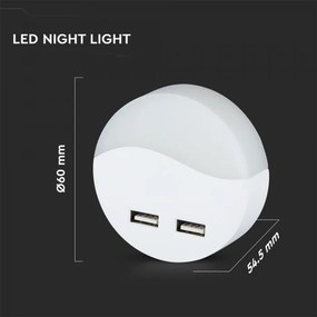 Lampa de veghe rotunda cu senzor si USB, chip Samsung, 0.45W, lumina calda (3000K), 2A, V-TAC