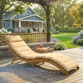 Outsunny Șezlong pliabil rezistent la intemperii din lemn cu tapițerie, suport pentru cap și mâner de transport 183 x 54 x 63 cm, Bej | Aosom Romania