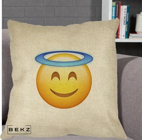 Perna Decorativa Emoji Inger cu Aureola, 40x40 cm, Crem, Husa Detasabila, Perna Inclusa, BEKZ®