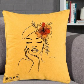 Perna Decorativa Portret Feminin Flori Palarie, 40x40 cm, Galben, Husa Detasabila, Perna Inclusa, BEKZ®