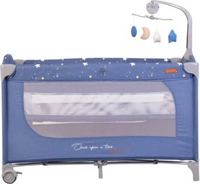 Patut pliant transformabil in tarc copii NOVOKIDS™ Onceuponatime NEST, 62X125 cm, 2 Niveluri, Jucarie Carusel muzical, Fermoar acces lateral, Albastru