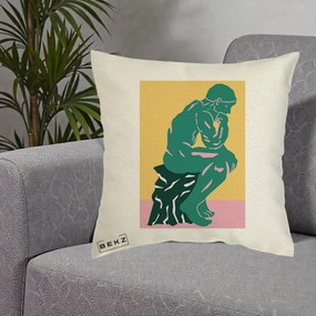 Perna Decorativa Ganditorul Sculptura Pop Art, 40x40 cm, Ecru, Husa Detasabila, Perna Inclusa, BEKZ®