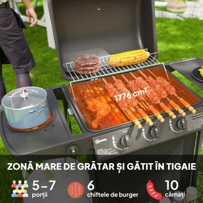 Outsunny Grătar pe Gaz cu Capac, Termometru, Masă Laterală și Tavă pentru Colectarea Grăsimii, 108x54x97 cm, Negru | Aosom Romania