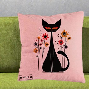 Perna Decorativa Pisica Neagra Ochi Rosii Flori, 40x40 cm, Roz, Husa Detasabila, Perna Inclusa, BEKZ®