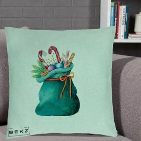 Perna Decorativa Saculet Cadouri Mos Craciun Acuarela Verde, 40x40 cm, Verde Menta, Husa Detasabila, Perna Inclusa, BEKZ®
