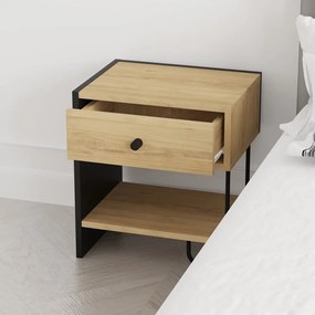 Noptieră neagră/în culoare naturală cu rafturi cu aspect de lemn de stejar Saturne – Marckeric