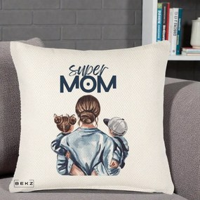 Cadou pentru Mama - Perna Personalizata Super Mom, 40x40 cm, Crem Reliefat, Husa Detasabila, Perna Inclusa, BEKZ®