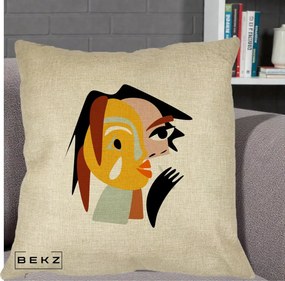 Perna Decorativa Portret Abstract Galben-Ocru, 40x40 cm, Crem, Husa Detasabila, Perna Inclusa, BEKZ®