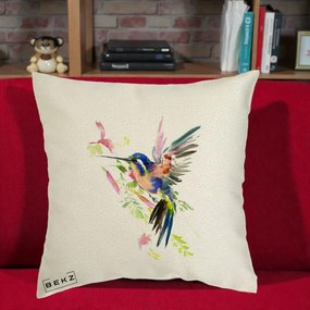 Perna Decorativa Colibri Acuarela, 40x40 cm, Ecru, Husa Detasabila, Perna Inclusa, BEKZ®