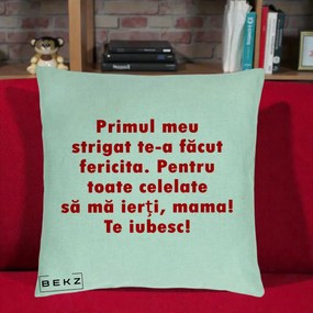 Cadou pentru Mama - Perna Personalizata Primul Strigat Mama, 40x40 cm, Verde Menta, Husa Detasabila, Perna Inclusa, BEKZ®
