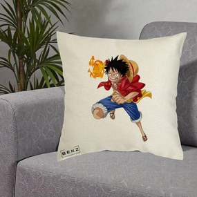 Perna Personalizata One Piece Luffy Gear Second Foc, 40x40 cm, Ecru, Husa Detasabila, Perna Inclusa, BEKZ®