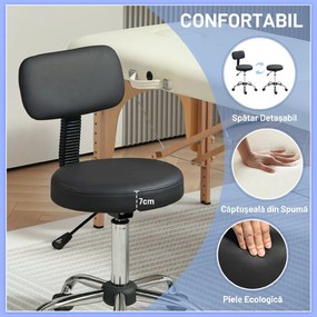 HOMCOM Taburet cu Roți, Rotativ 360°, Reglabil pe Înălțime, Piele Ecologică, Metal, 46x51x78-93 cm, Negru | Aosom Romania