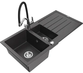 Mexen Andres chiuvetă de granit cu 1,5 compartimente cu scurgător și baterie de bucătărie Duo, negru cu pete - 6515-76-671701-07