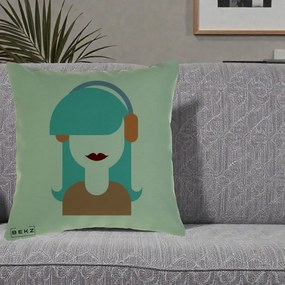 Perna Decorativa Fata cu Casti Muzica Grafic, 40x40 cm, Verde, Husa Detasabila, Perna Inclusa, BEKZ®